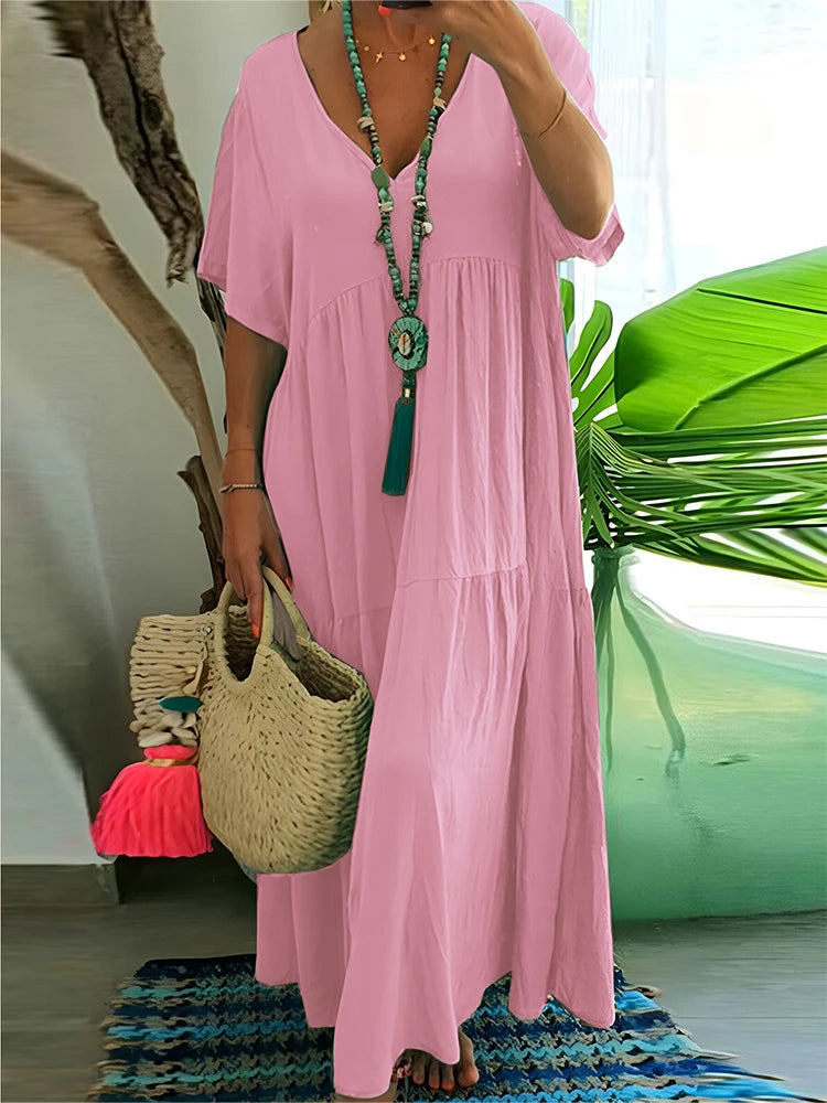 Women's Casual Plus-Size Loose V-Neck Pleated Maxi Dress
