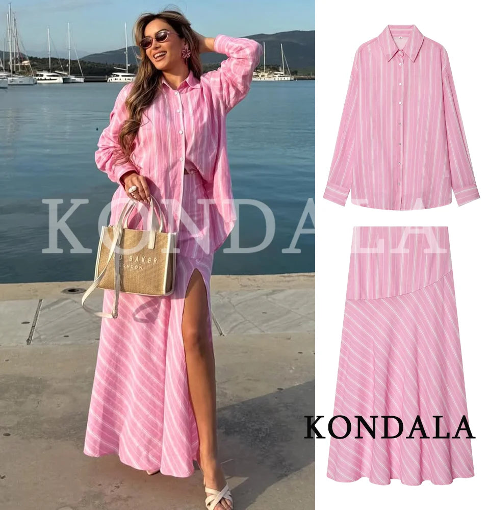 Women's Elegant Pink Striped Loose-Shirt Midi Skirt Set