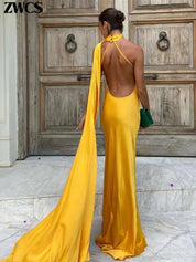Women's Glamorous Satin Ribbon Halter Backless Off-Shoulder Party Dress