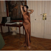 Women's Glamorous Satin Ribbon Halter Backless Off-Shoulder Party Dress