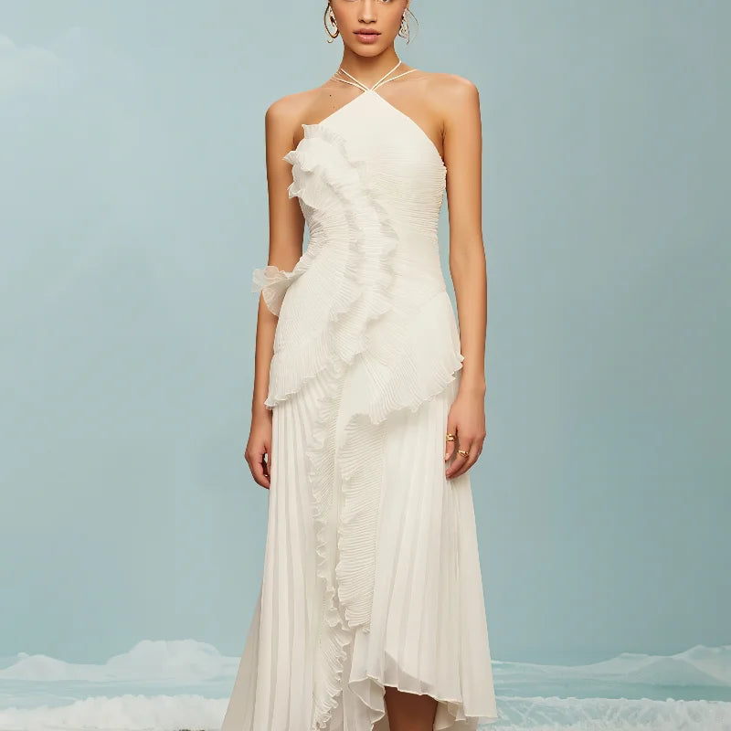 Women's Graceful Halter Tiered Chiffon Backless Evening Gown