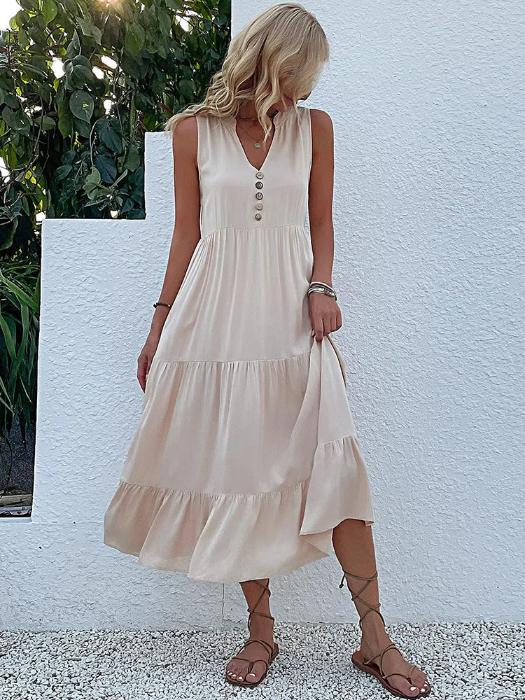 Women's Elegant Summer Dress Sleeveless V-Neck Tiered Flowy Midi Button Front