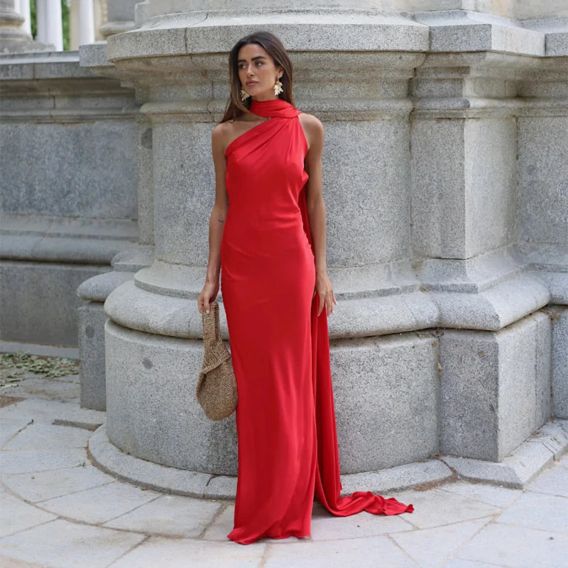 Women's Glamorous Satin Ribbon Halter Backless Off-Shoulder Party Dress