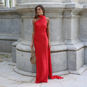Women's Glamorous Satin Ribbon Halter Backless Off-Shoulder Party Dress