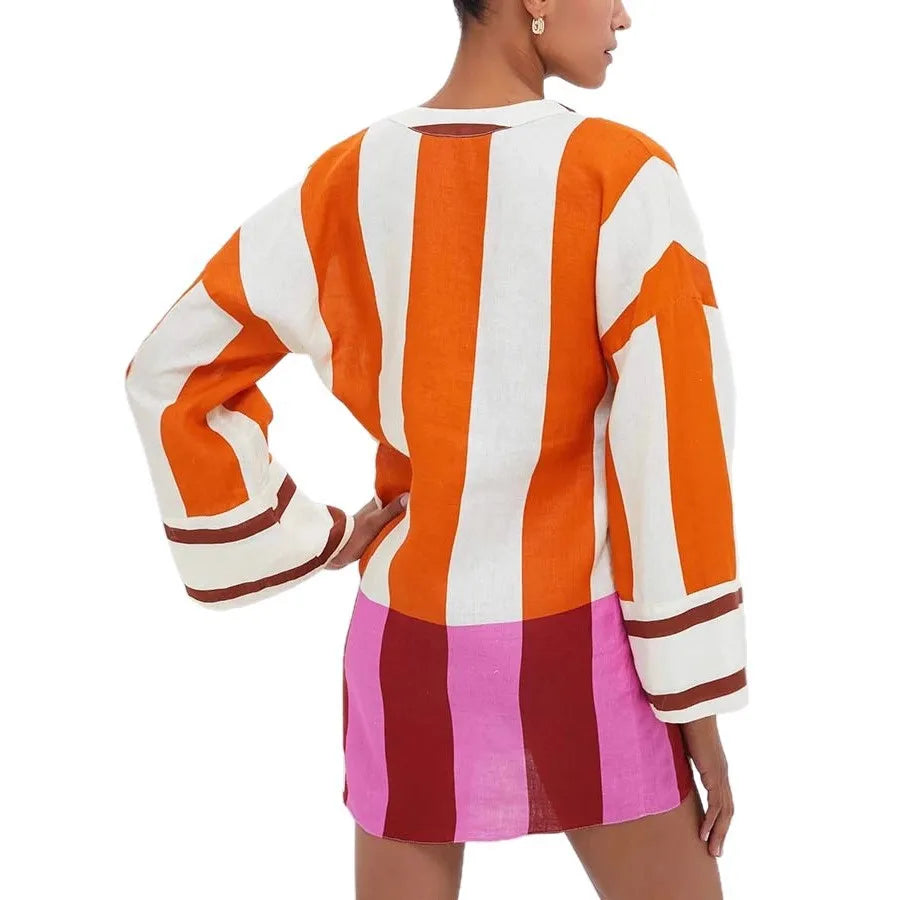 Women's Sexy V-Neck Long-Sleeve Hollow-Out Linen Mini Dress