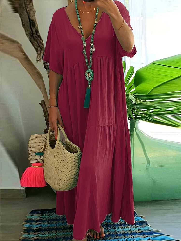 Women's Casual Plus-Size Loose V-Neck Pleated Maxi Dress