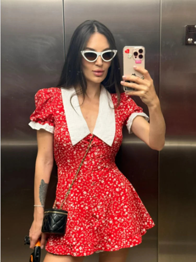 Women's Flirty Full-Sleeve Deep V-Neck Ruffle A-Line Short Dress