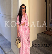 Women's Elegant Pink Striped Loose-Shirt Midi Skirt Set
