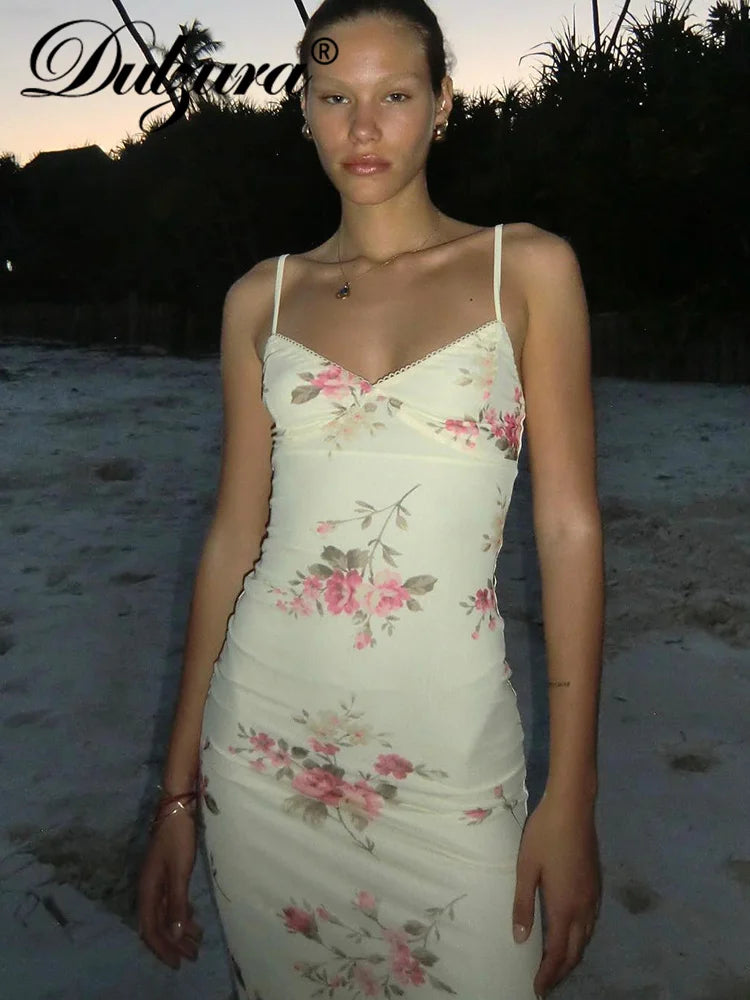 Women's Sultry Y2K Floral-Print Backless Bodycon Maxi Dress