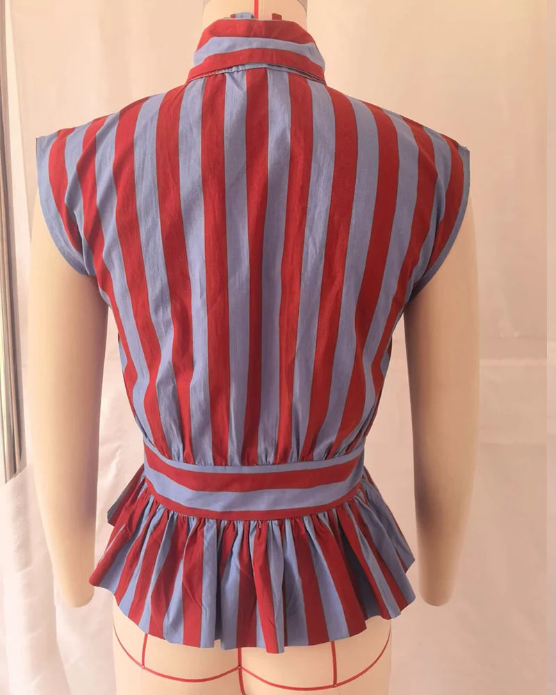 Women's Chic Bowknot Sleeveless Striped Casual Shirt