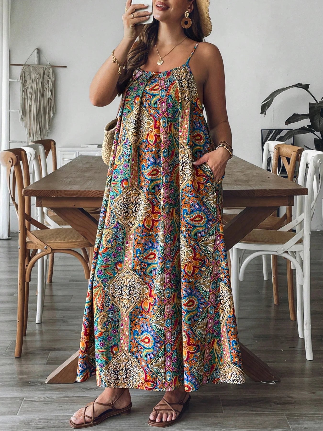 Women's Boho Plus-Size Floral Paisley Flowy Maxi Vacation Dress
