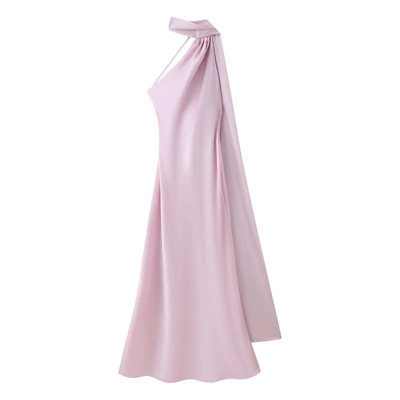 Women's Glamorous Satin Ribbon Halter Backless Off-Shoulder Party Dress