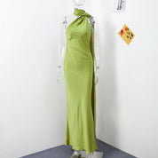 Women's Glamorous Satin Ribbon Halter Backless Off-Shoulder Party Dress