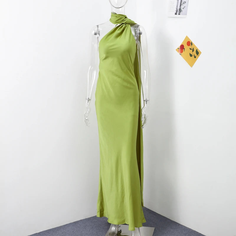 Women's Glamorous Satin Ribbon Halter Backless Off-Shoulder Party Dress