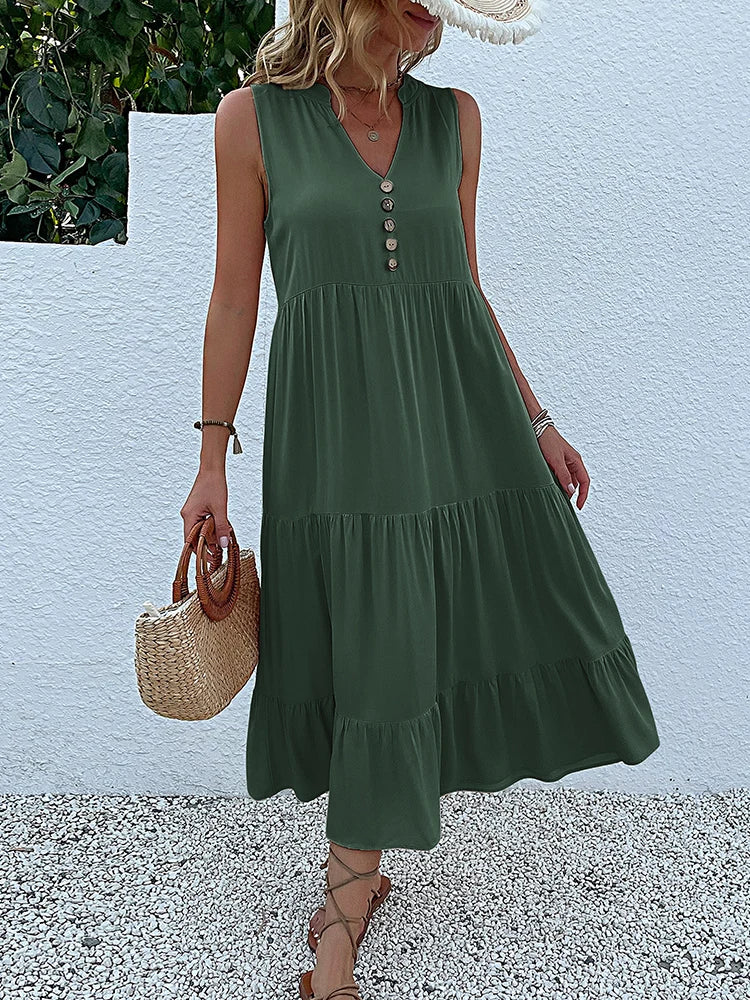 Women's Elegant Summer Dress Sleeveless V-Neck Tiered Flowy Midi Button Front