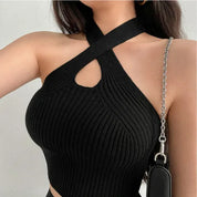 Women's Sporty Knit Cross-Neck Backless Sleeveless Crop Top