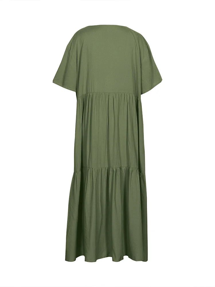 Women's Casual Plus-Size Loose V-Neck Pleated Maxi Dress