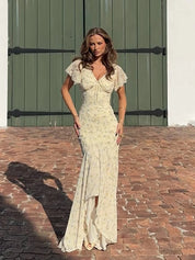 Women's Romantic Flutter-Sleeve Floral Pleated V-Neck Midi Dress