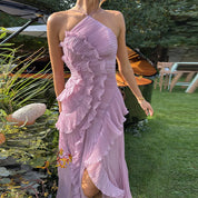 Women's Graceful Halter Tiered Chiffon Backless Evening Gown