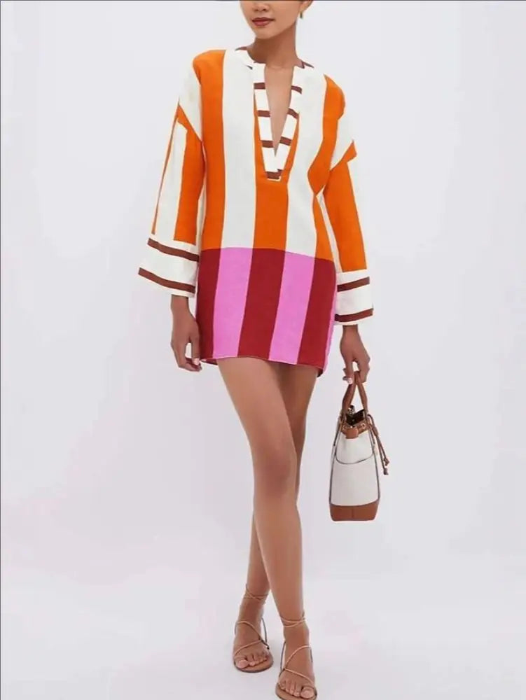 Women's Sexy V-Neck Long-Sleeve Hollow-Out Linen Mini Dress