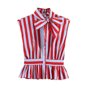 Women's Chic Bowknot Sleeveless Striped Casual Shirt