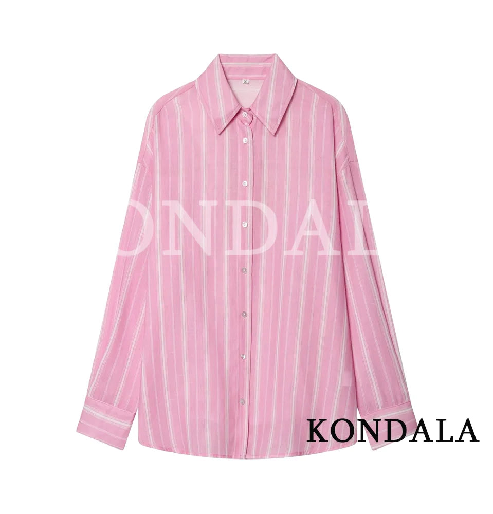 Women's Elegant Pink Striped Loose-Shirt Midi Skirt Set