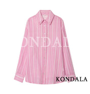 Women's Elegant Pink Striped Loose-Shirt Midi Skirt Set