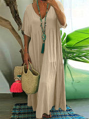 Women's Casual Plus-Size Loose V-Neck Pleated Maxi Dress