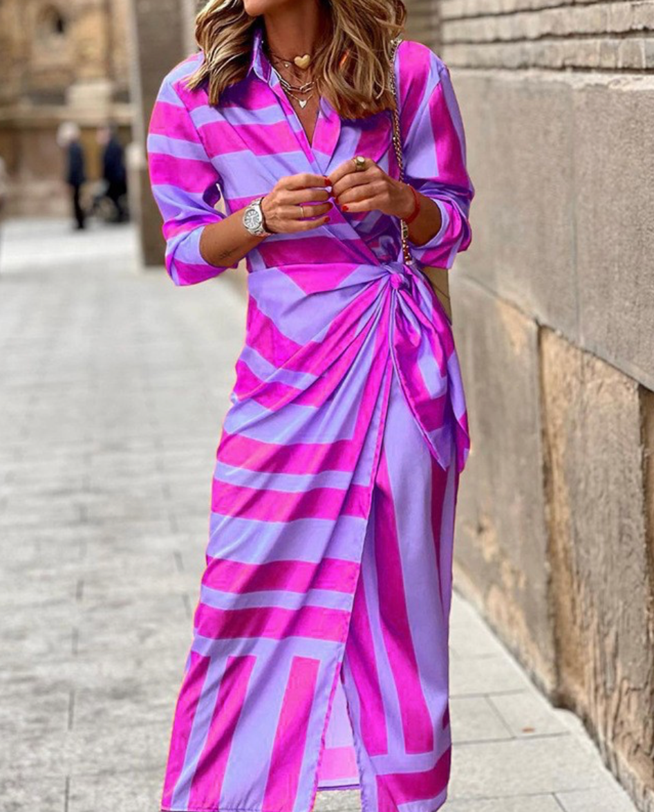 Women's Printed Wrap Dress Long Sleeve V-Neck Midi Belted Casual Chic