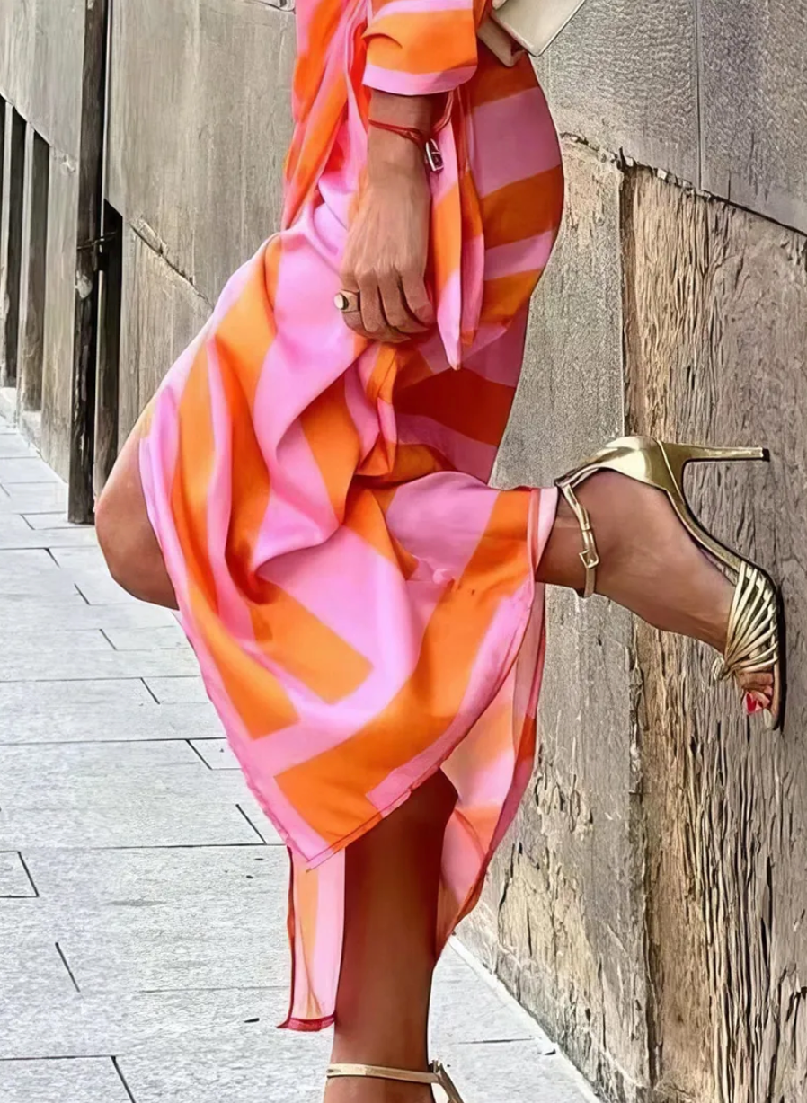 Women's Printed Wrap Dress Long Sleeve V-Neck Midi Belted Casual Chic