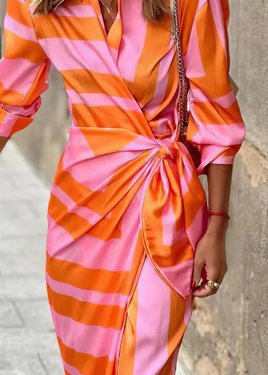 Women's Printed Wrap Dress Long Sleeve V-Neck Midi Belted Casual Chic