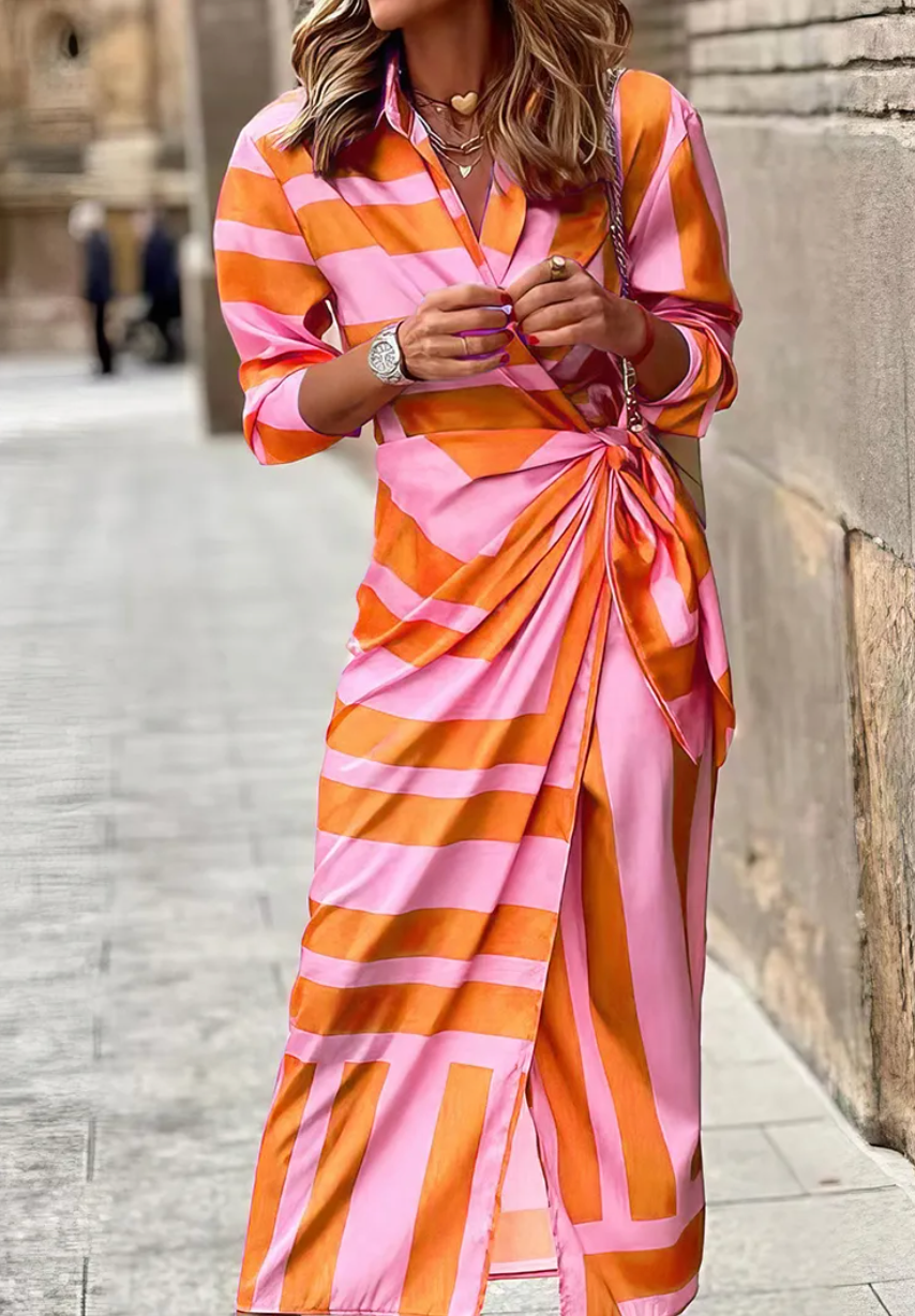 Women's Printed Wrap Dress Long Sleeve V-Neck Midi Belted Casual Chic