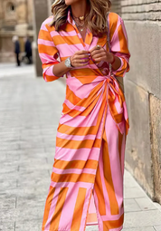 Women's Printed Wrap Dress Long Sleeve V-Neck Midi Belted Casual Chic