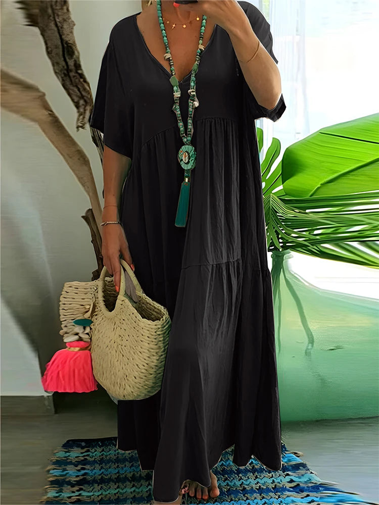 Women's Casual Plus-Size Loose V-Neck Pleated Maxi Dress