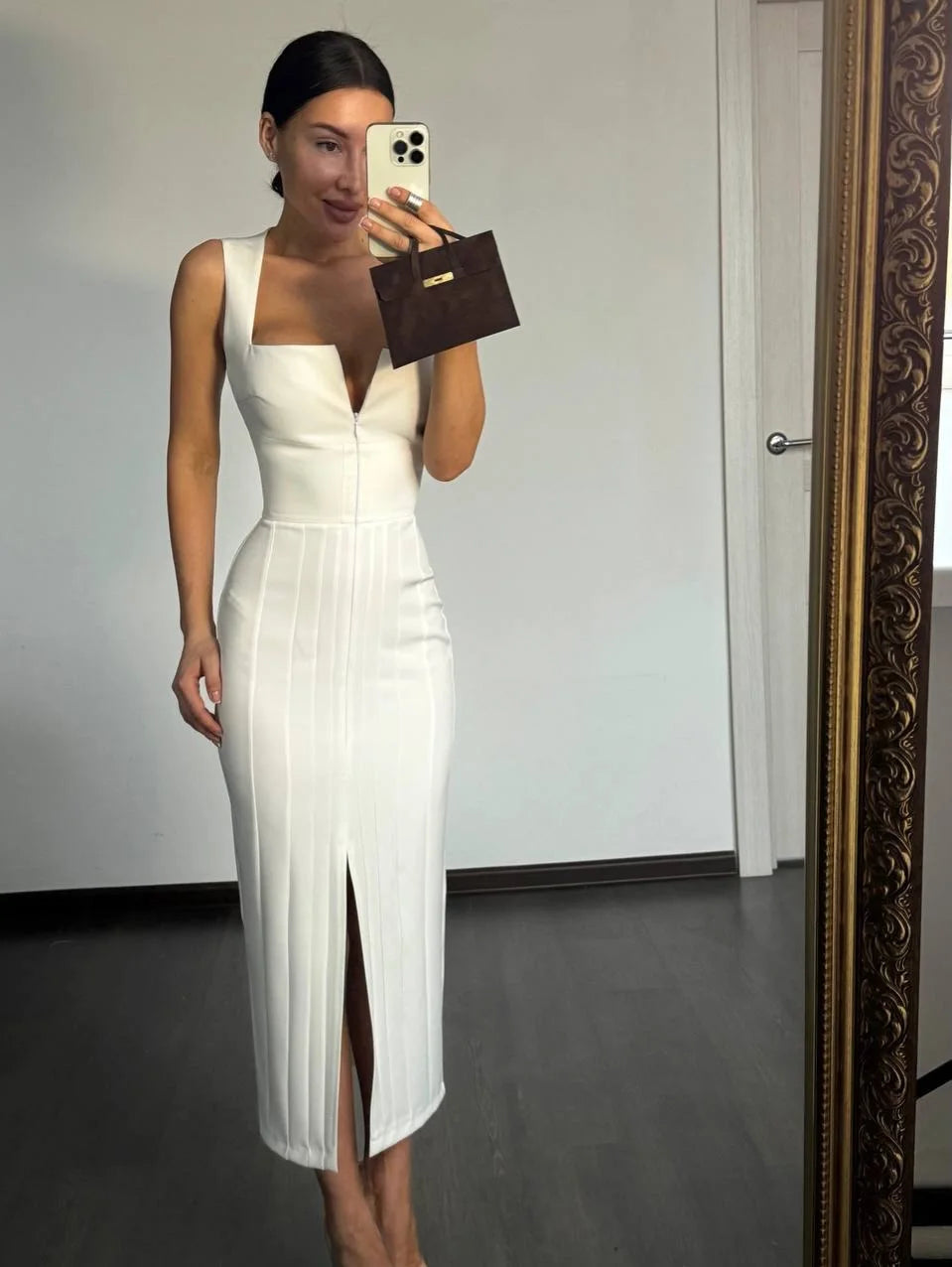 Women's Sleek Square-Neck Zip-Up Split Sleeveless Midi Dress
