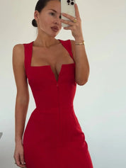 Women's Sleek Square-Neck Zip-Up Split Sleeveless Midi Dress