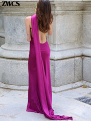 Women's Glamorous Satin Ribbon Halter Backless Off-Shoulder Party Dress