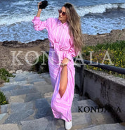Women's Elegant Pink Striped Loose-Shirt Midi Skirt Set