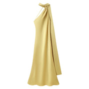 Women's Glamorous Satin Ribbon Halter Backless Off-Shoulder Party Dress