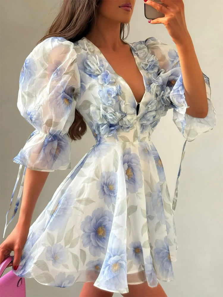 Women's Flirty Full-Sleeve Deep V-Neck Ruffle A-Line Short Dress