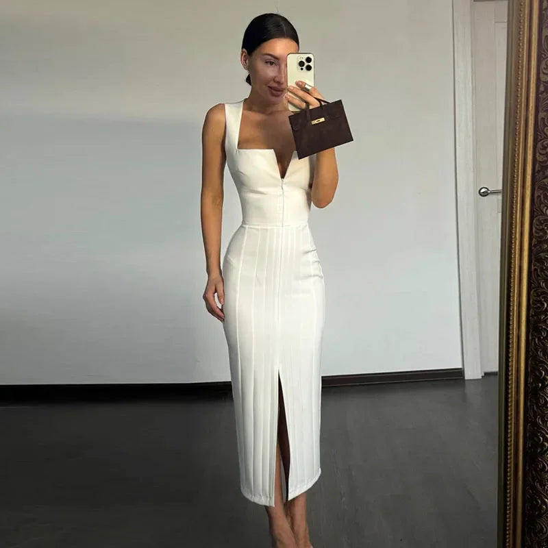 Women's Sleek Square-Neck Zip-Up Split Sleeveless Midi Dress