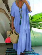 Women's Casual Plus-Size Loose V-Neck Pleated Maxi Dress