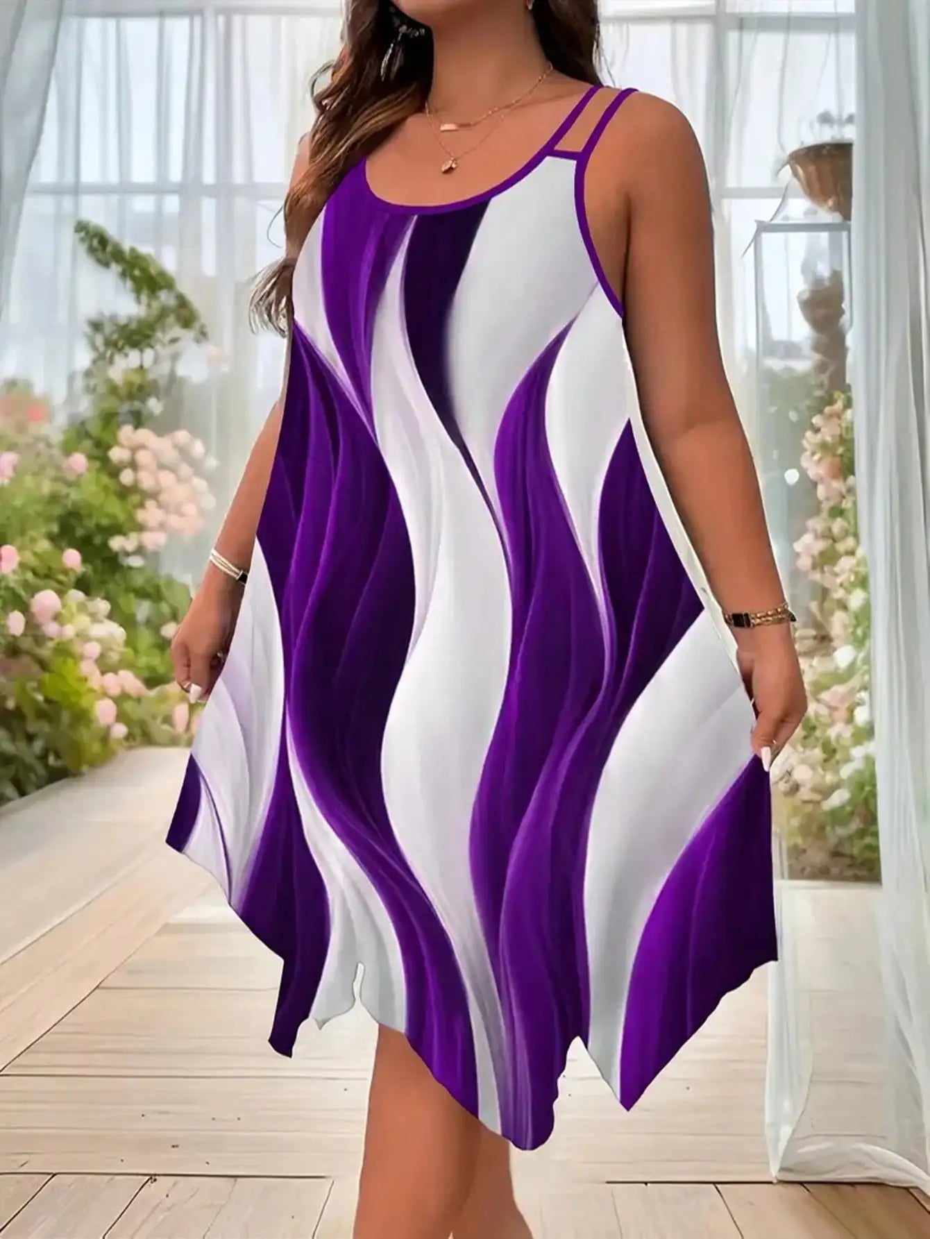 Women's Bold Plus-Size Geometric Stripe Asymmetrical Strap Dress