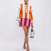 Women's Sexy V-Neck Long-Sleeve Hollow-Out Linen Mini Dress