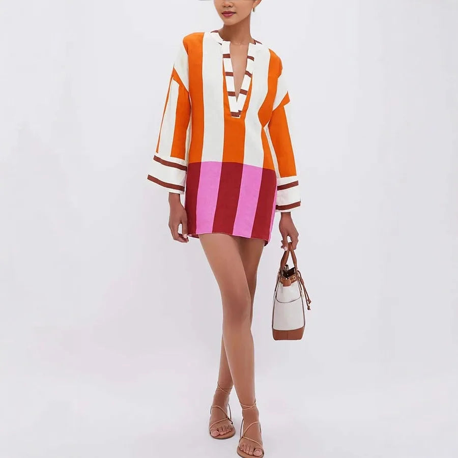 Women's Sexy V-Neck Long-Sleeve Hollow-Out Linen Mini Dress