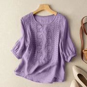 Women's Chic Effortless Embroidered Summer Blouse with Round Neckline