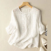 Women's Chic Effortless Embroidered Summer Blouse with Round Neckline