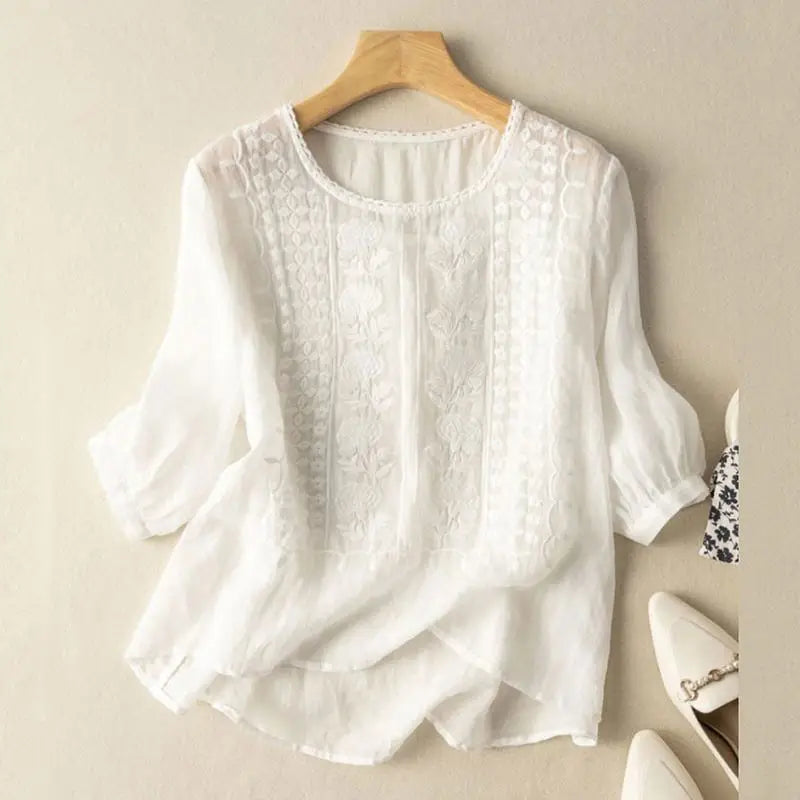 Women's Chic Effortless Embroidered Summer Blouse with Round Neckline