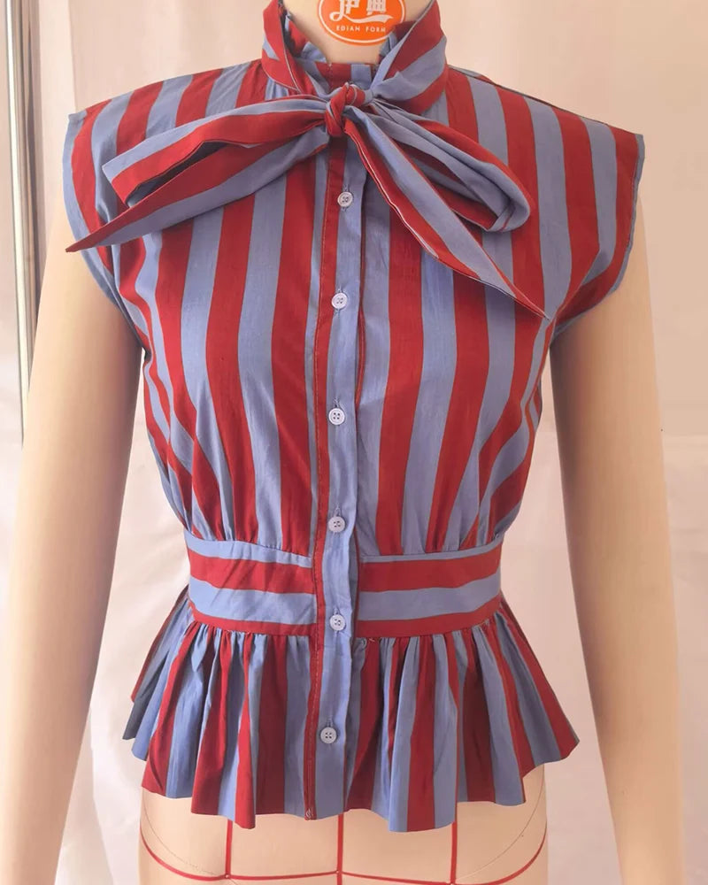 Women's Chic Bowknot Sleeveless Striped Casual Shirt