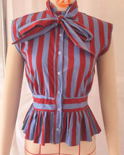 Women's Chic Bowknot Sleeveless Striped Casual Shirt